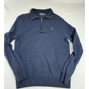 Ralph Lauren Polo Sweater Adult Large Navy Blue Merino Wool Green Pony 1/4 Zip